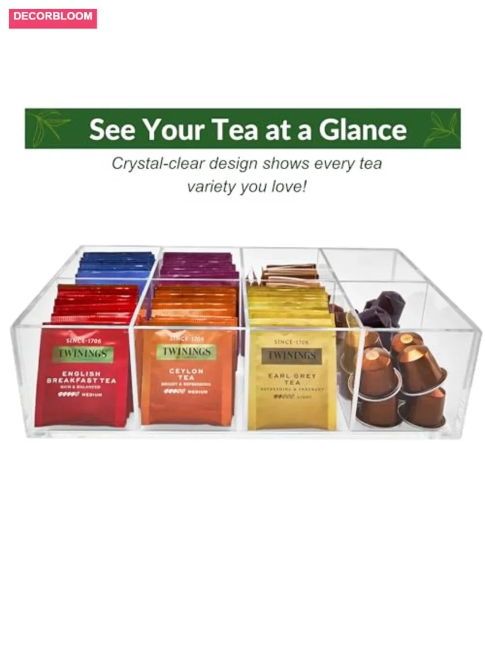 Heavy-Duty Acrylic Tea Bag Organizer, 8-Compartment Storage Box, Crystal Clear,
